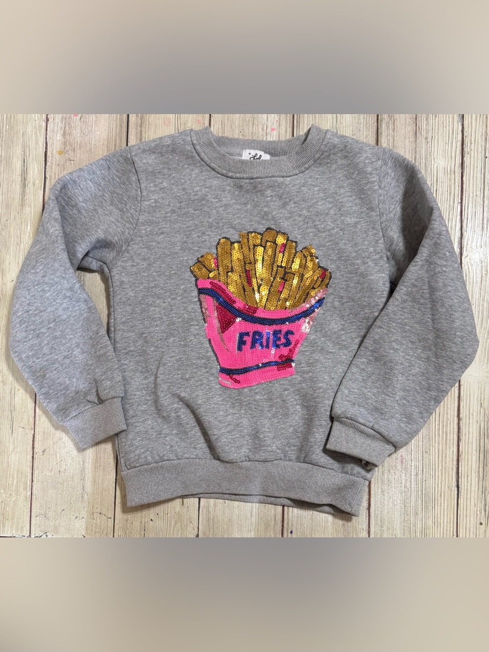 Lola + The Boys sequin fries grey crewneck sweatshirt Girls size 10